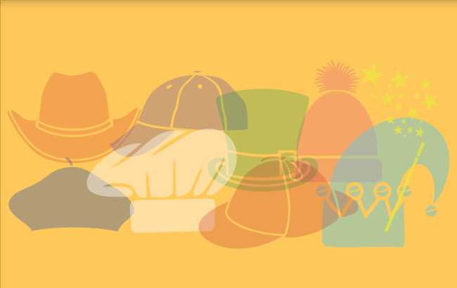 Many types of hats overlaid on a yellow background