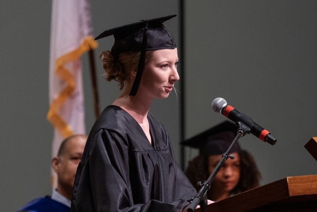 Student speaking at Convocation