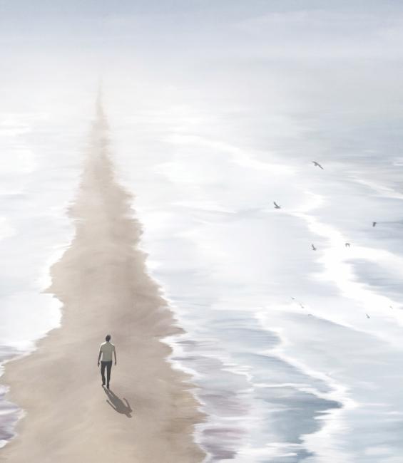 A drawing of a man walking along a beach