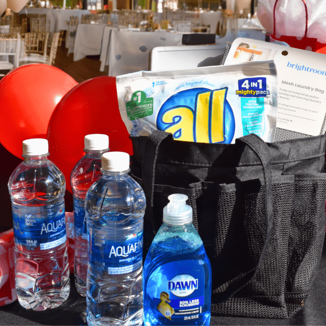  care package containing soap, laundry detergent, and water Image