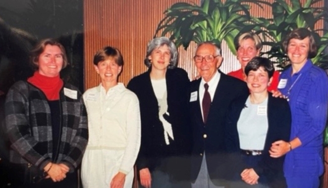 McAvoy joined classmates at the 25th anniversary coeducation celebration at Davidson College. (l-r): Susan Cunningham Jonas ’77, Becca Stimson ’77, Bonnie Caulkins Revelle ’77, the late President Emeritus Sam Spencer ’40, Carol Connor Willingham ’77, Jean Parks ’77, Sue McAvoy ’77