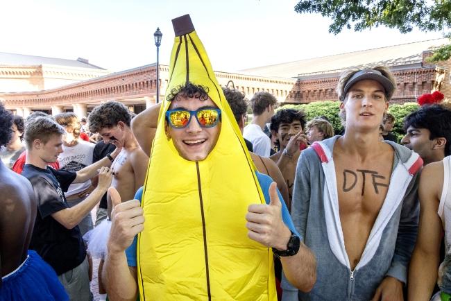 a student wears a banana costume at the cake race