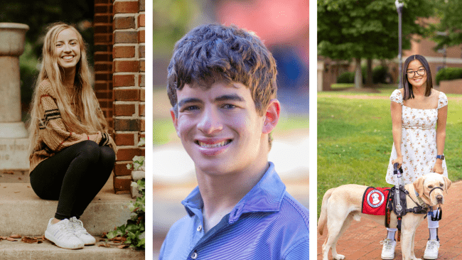 headshots of three Davidson students including a young blonde woman, a brunette male and a brunette woman with a service dog at her side