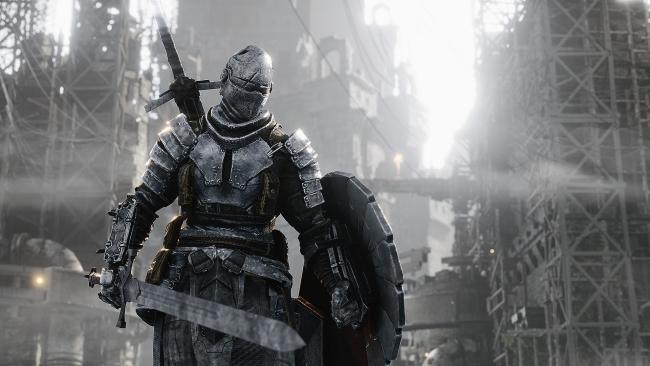 a figure in armor stands in front of scaffolding in a video game scene