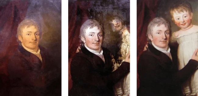 three paintings side by side going through restoration