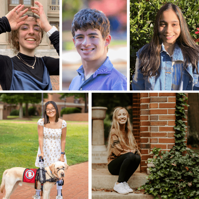 a compilation of five students including four women, a man and a service dog