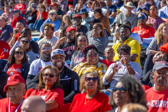 a crowd of people sitting in a football stadium on a sunny day