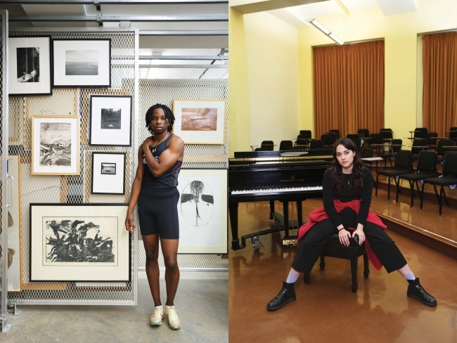 Two students in each others' spaces of comfort. One male student stands in an art gallery and a female student is seated on a piano bench.