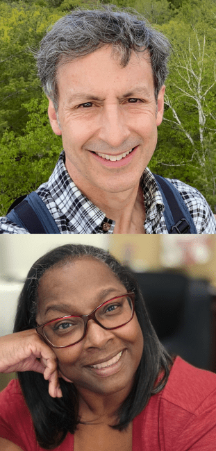 a white man in a flannel shirt with a Black woman wearing a red shirt