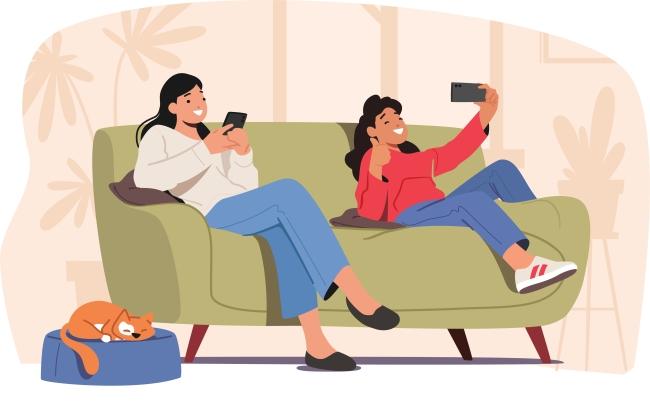 Illustration of mother and daughter using technology