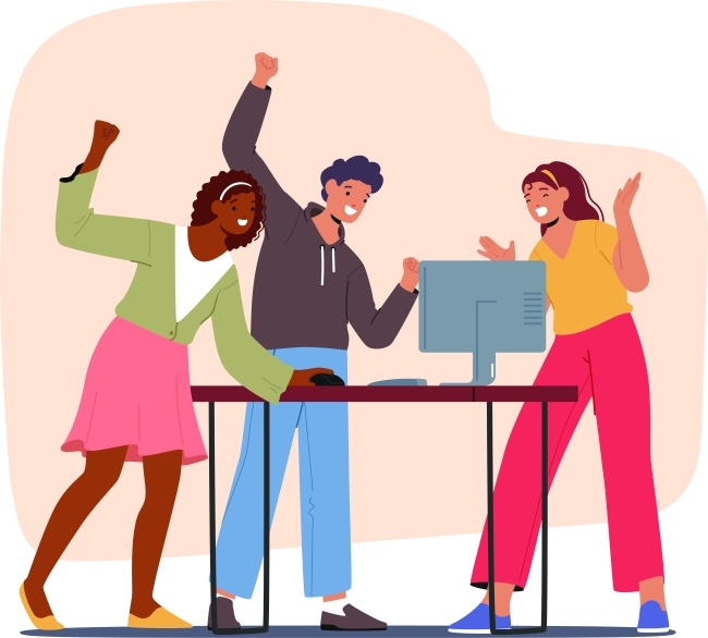 Illustration of friends playing game on a computer together