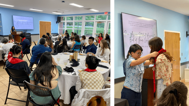 a compilation of images from a celebration where people are gifting graduation stoles and listening to speeches