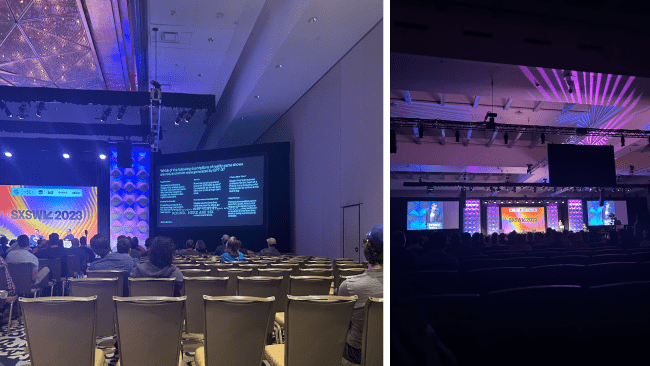 a compilation of views of conference panels showing colorful screens