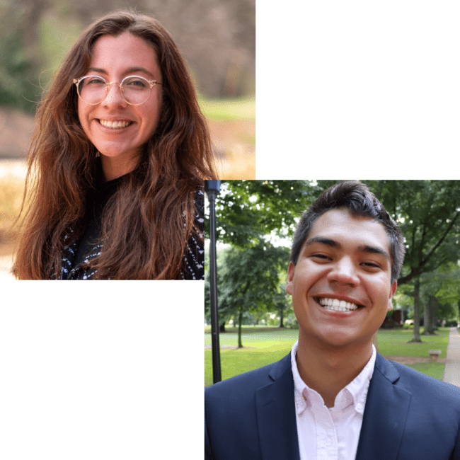 a young woman wearing glasses and a young man wearing a blazer