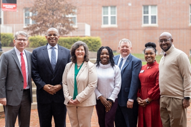 Davidson College President Doug Hicks ’90 with Anthony Foxx ’93 during his acceptance of the national Omicron Delta Kappa (ODK) award