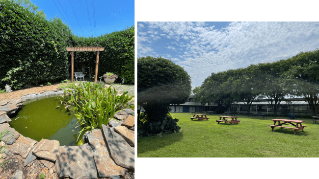 a compilation of images from a rehabilitation center depicting a koi pond and a grassy area with picnic benches