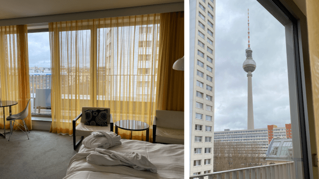 a compilation of images of a hotel room and a view out the window of the skyline