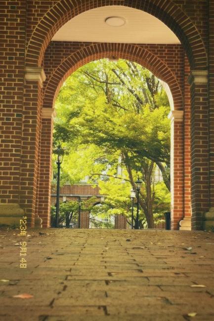 a brick pathway with brick arches overhead and green trees in the distance