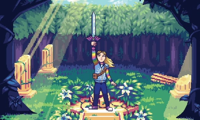 pixel art of a warrior holding up a sword