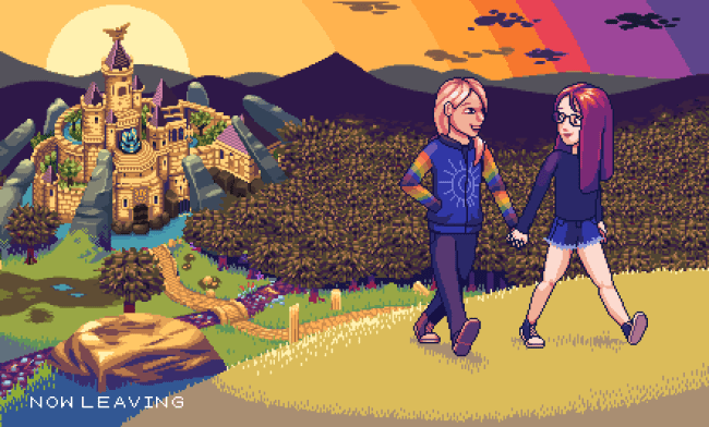two young people in a piece of pixel art with a sunset and a castle in the background