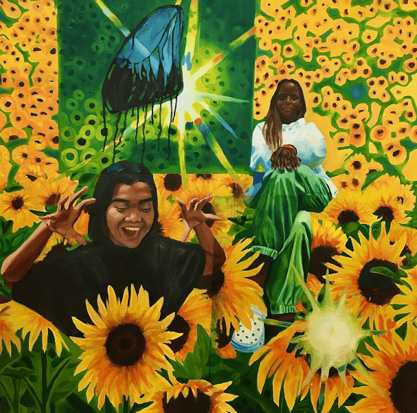 a painting of sunflowers and young Black women