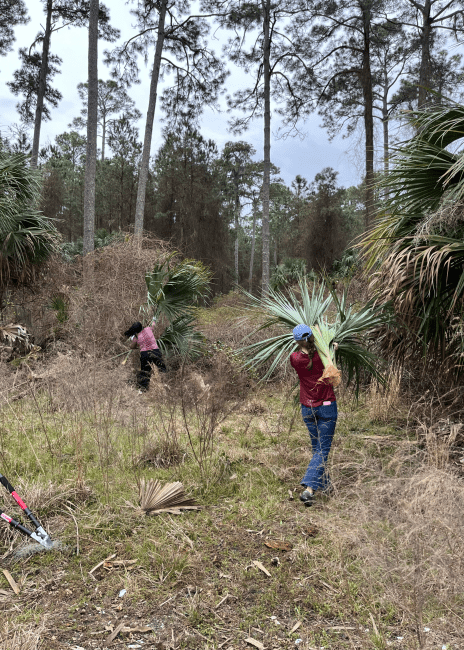 two young people weed a historic site on an island