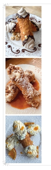 Three plates of different flavors of cannoli