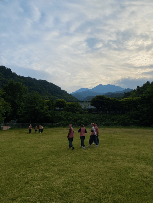 a group of students in monastic clothes walking in front of mountains