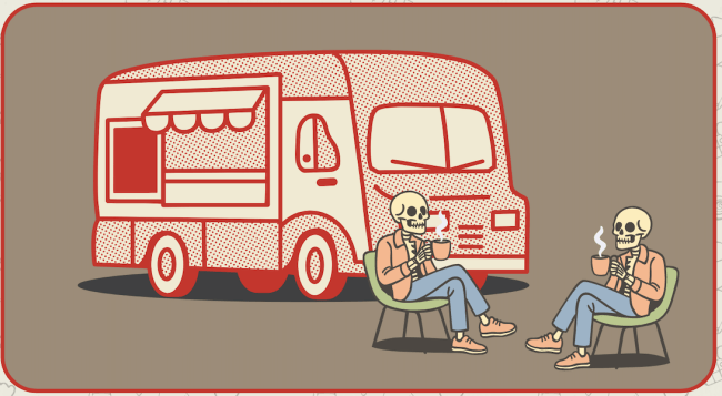 Staff Council Key visual for coffee and candy event with two skeletons drinking coffee by the coffee truck