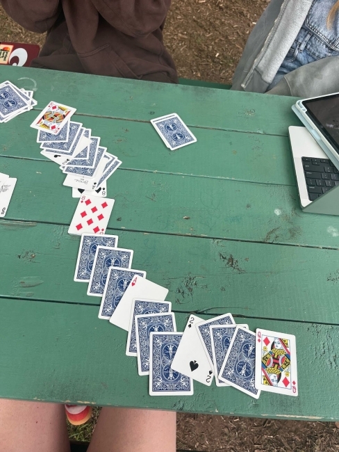 a deck of cards on a green picnic table