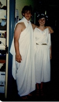 Biddle sophomore year with her classmate, Wade Anderson, dressed in togas for a party, 1980