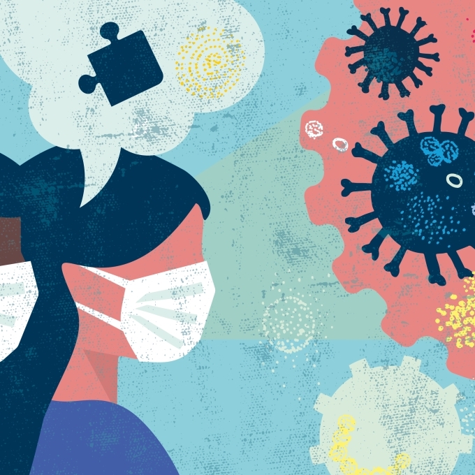 Graphic of two people with speech bubbles containing puzzle pieces looking at cloud with question mark, virus, DNA and magnifying glass