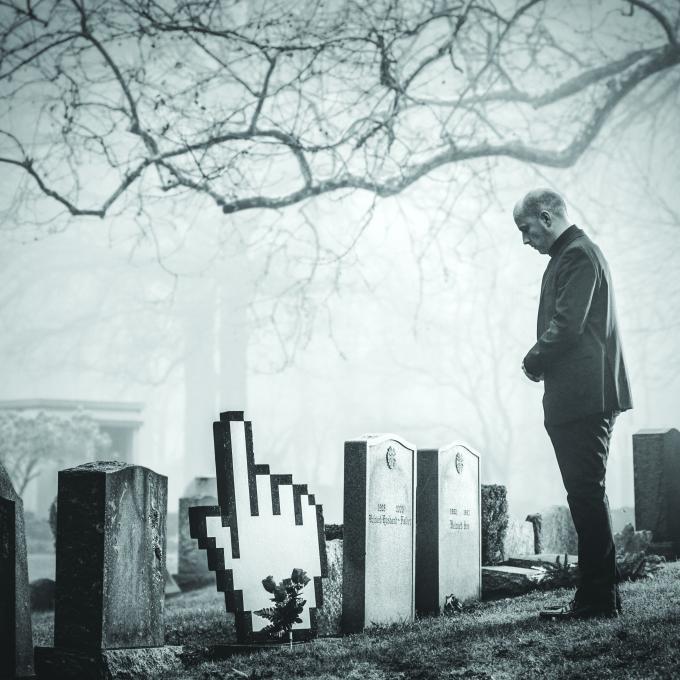 Death in the digital age image of man looking at graveyard