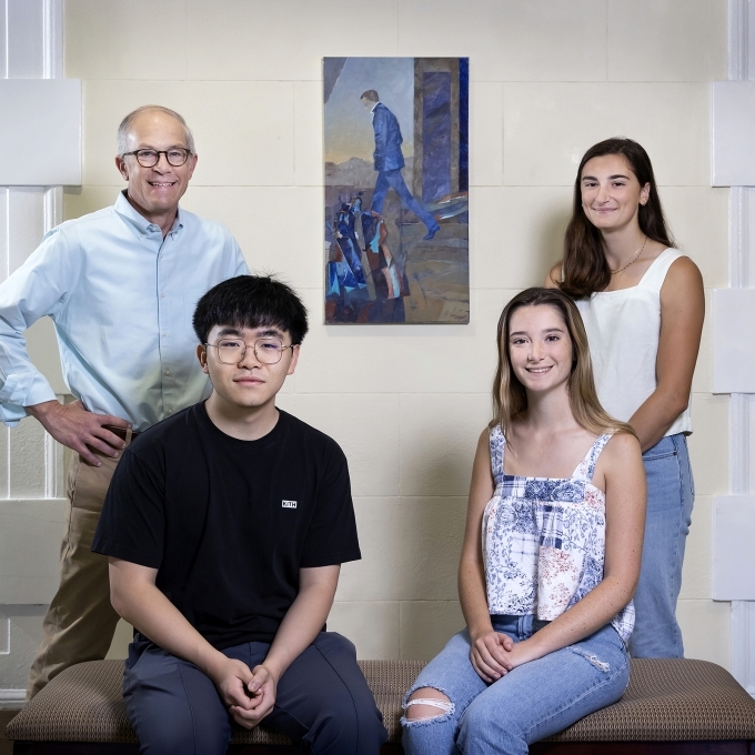 Biology Professor Dave Wessner with students David Peng '22 and Cathleen Krabak '23 (seated) and Nella Tsudis '23, surrounding “El Extranjero” by artist Delia Cugat.