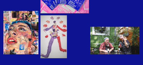 Collage of paintings, photographs and artwork 