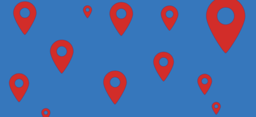 red location pins on a blue background