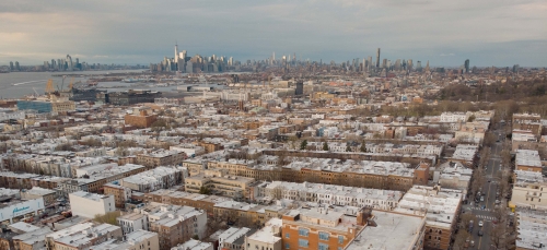 The skyline of New York City in the distance