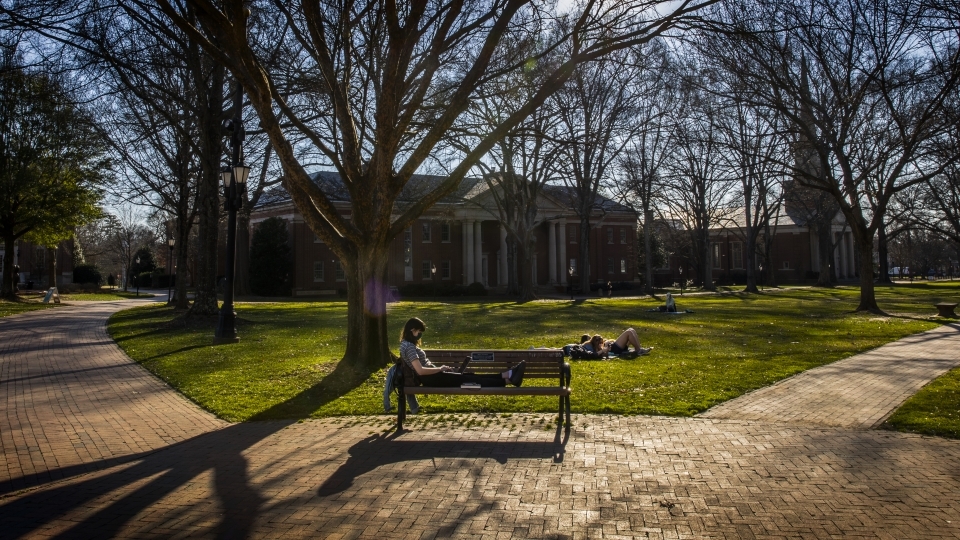 student on bench in front of Chambers lawn