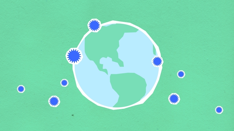 Graphic of globe and spikes of virus overlayed and around the earth