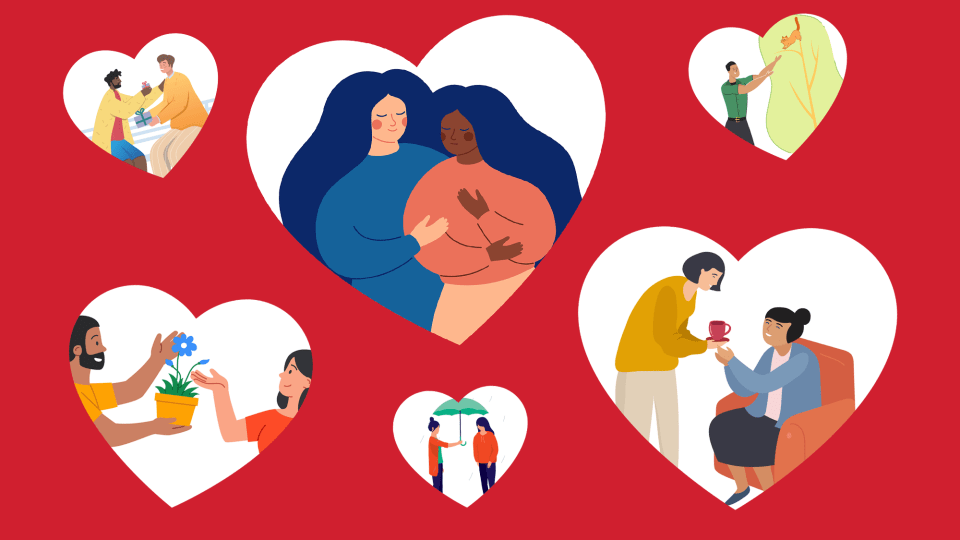 Graphic of people doing nice things in heart cutouts