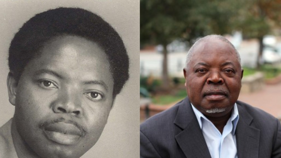 two photos of a young college-aged student Georges on left and current adult Georges on right
