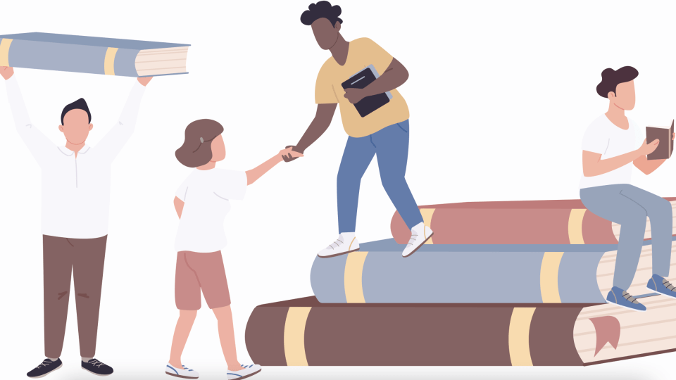 illustration of students on books