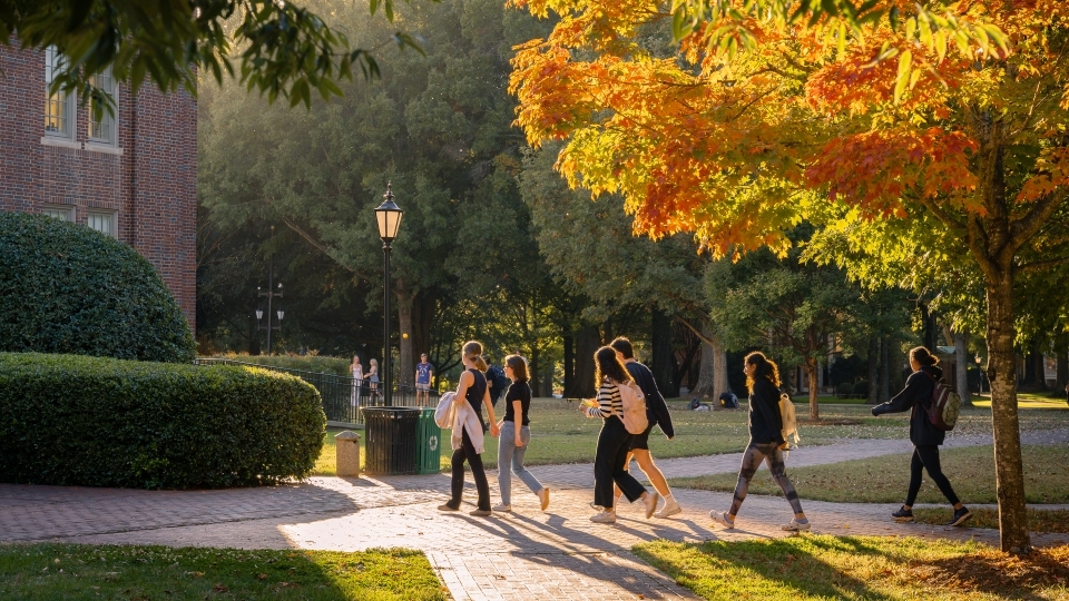 students walk on a brick pathway while fall foliage glows in the background