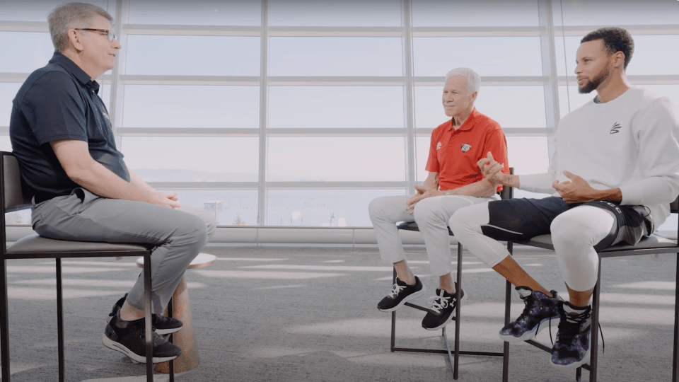 Screenshot of Leadership video with Stephen Curry ’10, former Men’s Head Basketball Coach Bob McKillop and Davidson College President Doug Hicks ’90