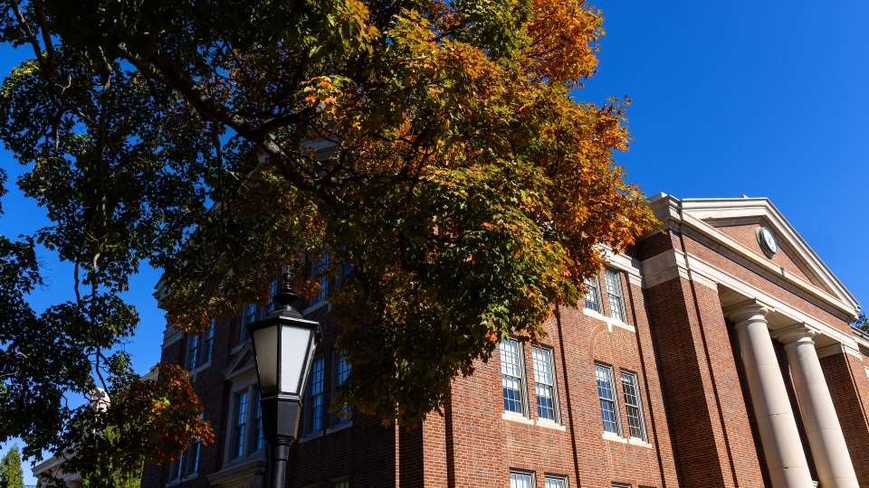 a brick building with columns surrounded by fall foliage on a blue skies day