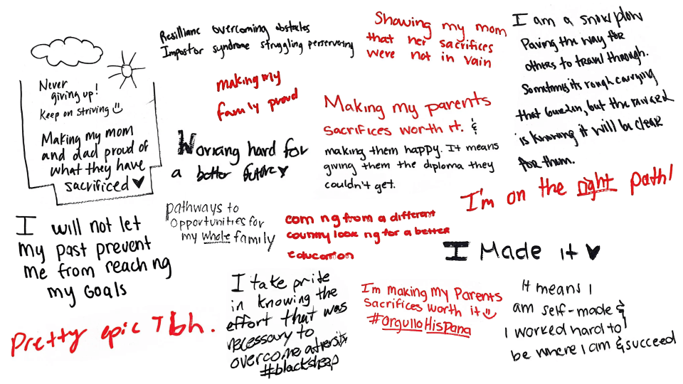 a compilation of handwritten notes in red and black about being first generation