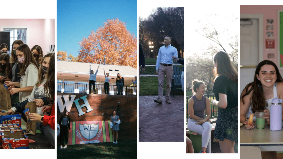 a compilation of pictures of young women and men on campus and smiling