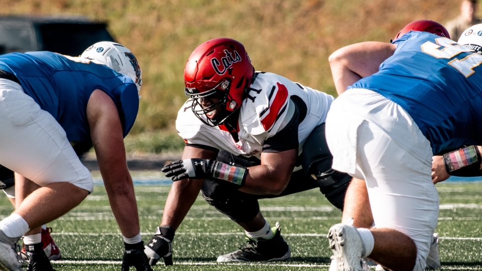 Football in action with Malik McDaniel with Davidson teammates