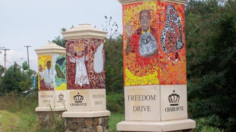 decorated pillars that read "Freedom Drive"