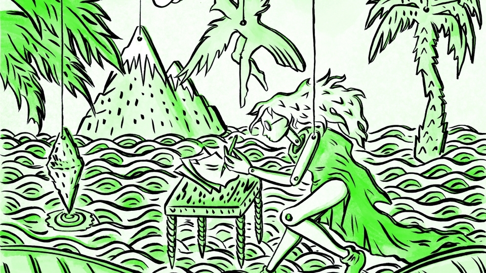 Illustration of a marionette woman in an island scene on stage drawing on a table in the water